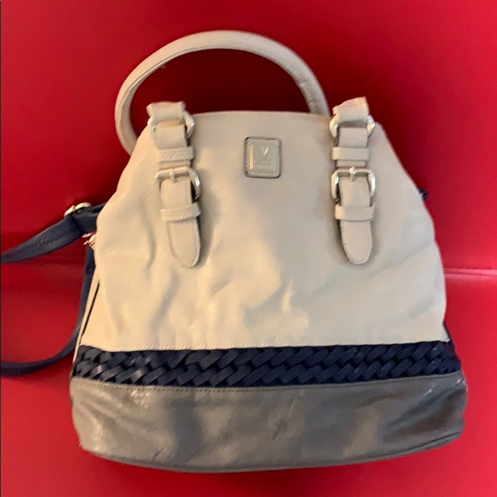Handbag, bone color with grey and blue detail